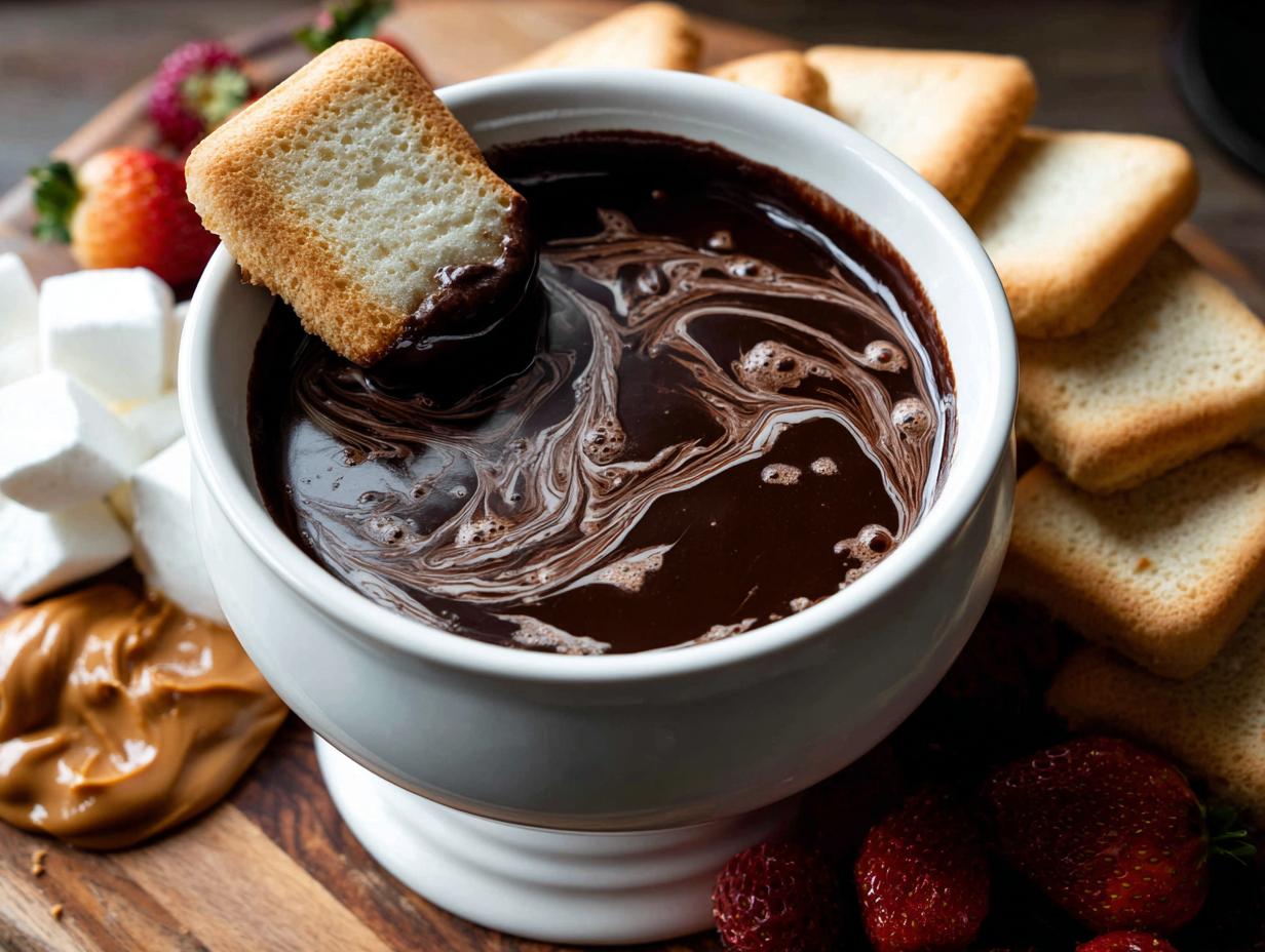 A piece of pound cake is dipped into a bowl of rich Chocolate Fondue with Peanut Butter, surrounded by strawberries and marshmallows.
