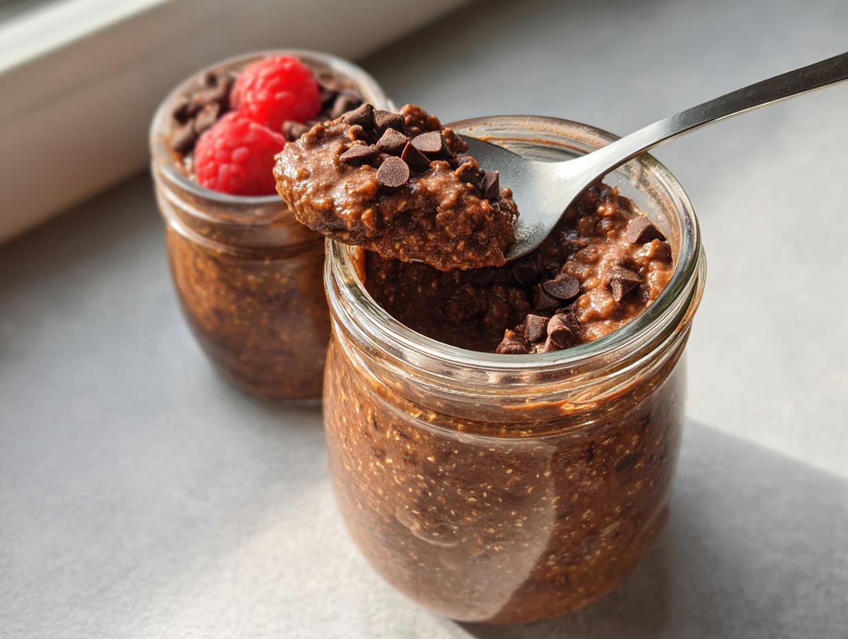 A spoonful of thick Chocolate High-Protein Overnight Oats topped with chocolate chips, with a second jar garnished with raspberries in the background.