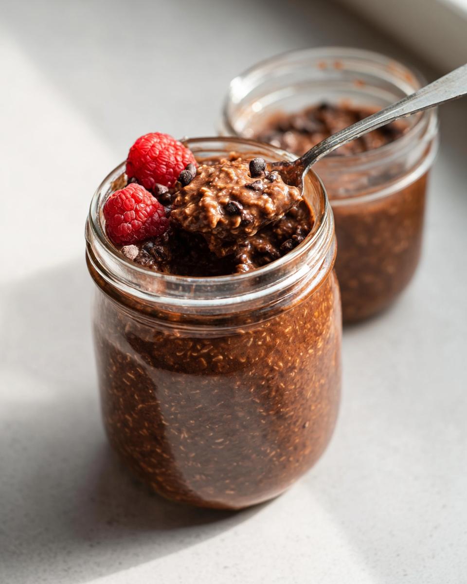 A spoonful of Chocolate High-Protein Overnight Oats topped with raspberries and mini chocolate chips.