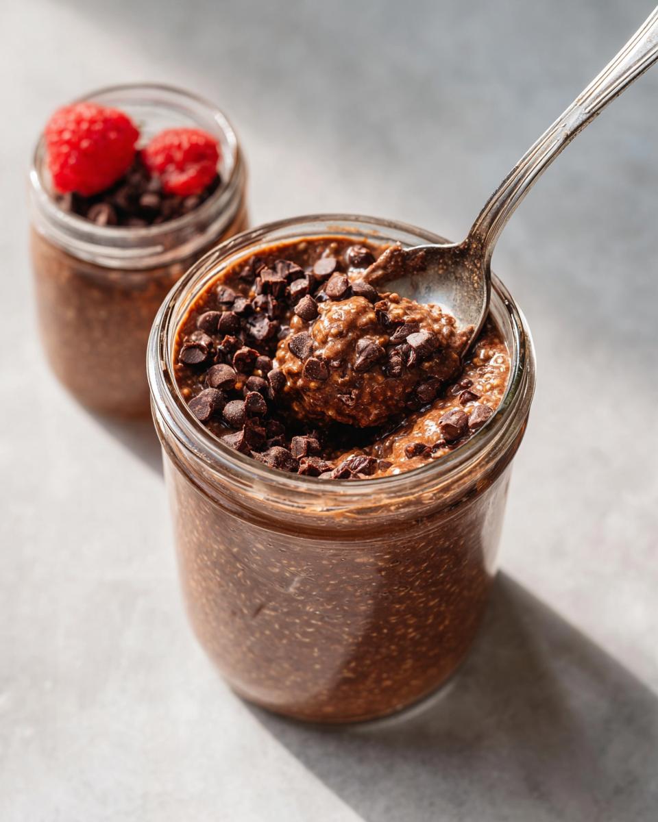 Close-up of Chocolate High-Protein Overnight Oats topped with mini chocolate chips, with a spoonful being lifted out.