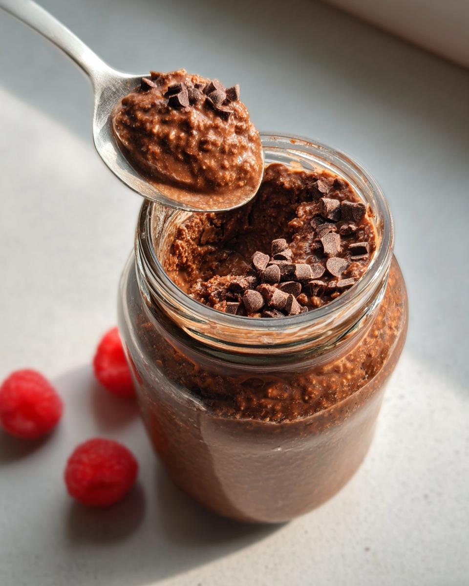 A spoonful of rich Chocolate High-Protein Overnight Oats topped with mini chocolate chips being lifted from a jar.