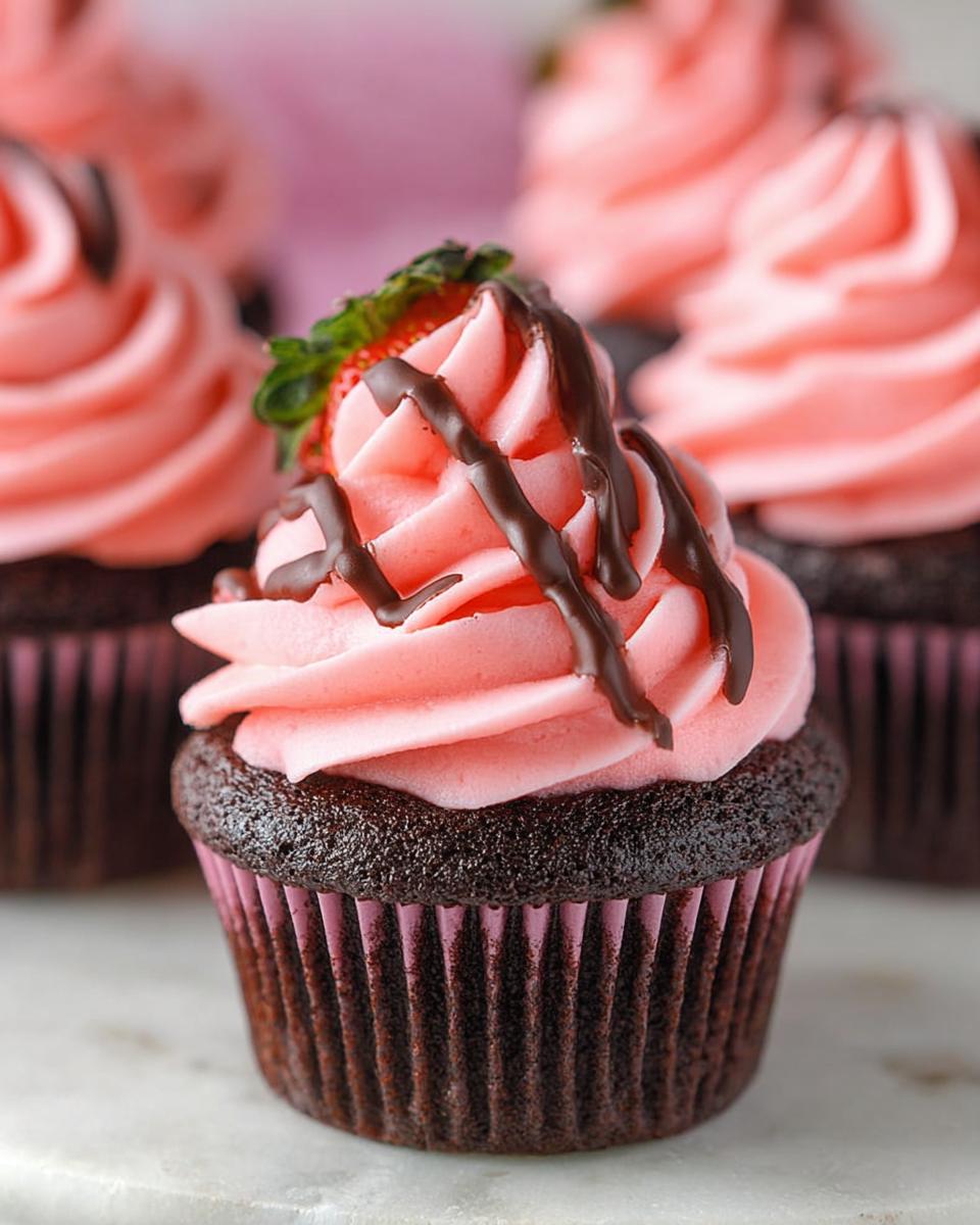 A close-up of a rich chocolate cupcake topped with pink frosting, chocolate drizzle, and a fresh strawberry, part of the Chocolate Strawberry Valentine Cupcakes.