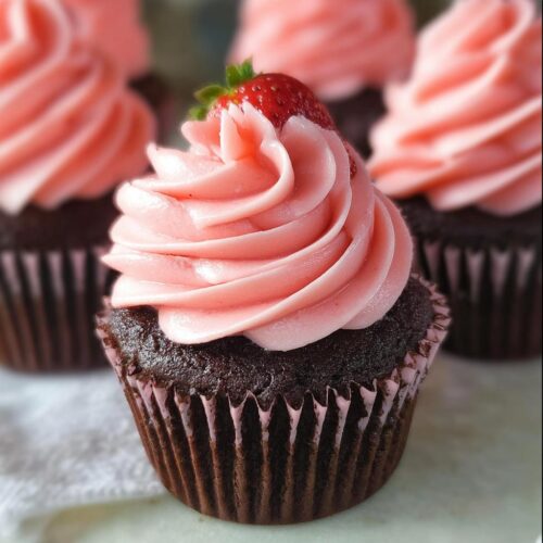 Close-up of a Chocolate Strawberry Valentine Cupcake topped with pink strawberry frosting and a fresh strawberry.