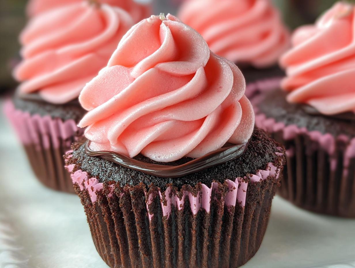 Close-up of a rich chocolate cupcake topped with pink frosting and a chocolate drizzle, perfect for Chocolate Strawberry Valentine Cupcakes.