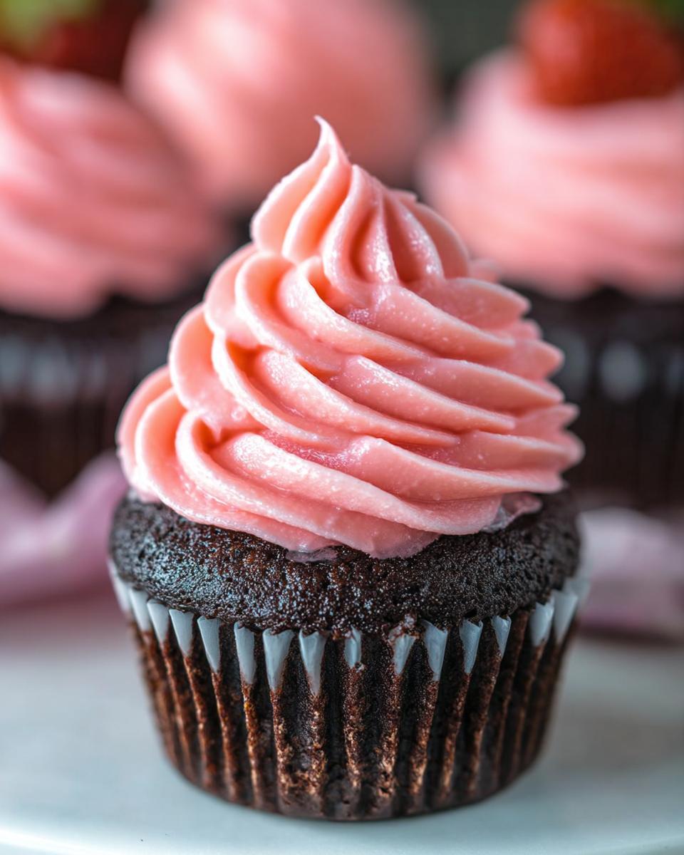 A close-up of one Chocolate Strawberry Valentine Cupcake featuring rich chocolate cake and vibrant pink strawberry frosting swirl.
