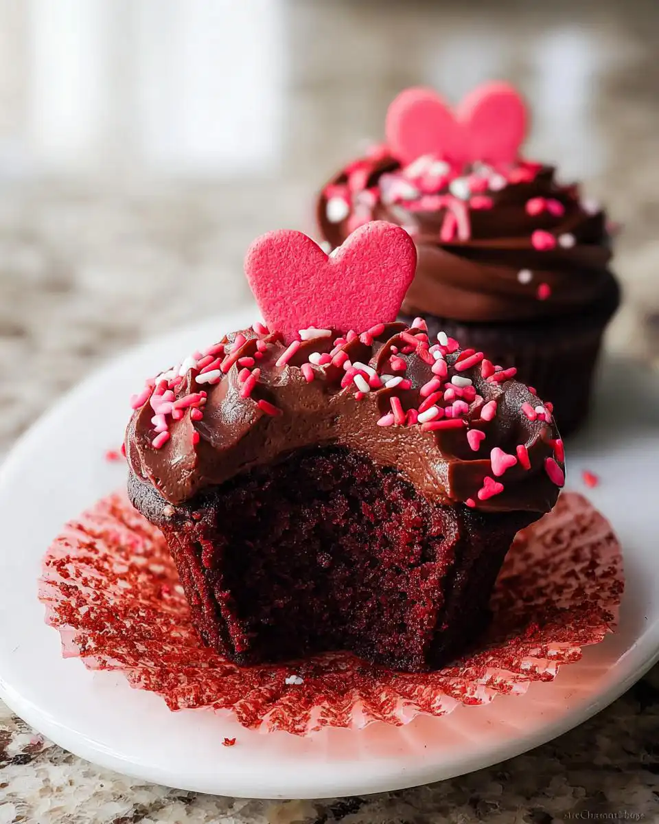 Close-up of a bitten Chocolate Valentine Cupcake with rich frosting and pink heart sprinkles.
