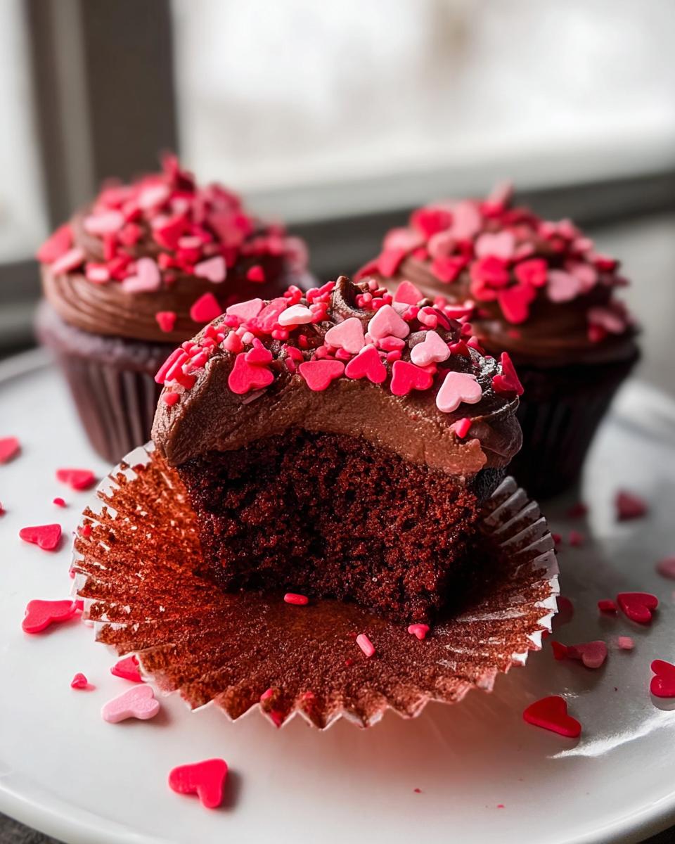 Close-up of a Chocolate Valentine Cupcake cut in half showing the moist interior, topped with chocolate frosting and heart sprinkles.