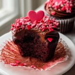 Close-up of a Chocolate Valentine Cupcakes with Heart Sprinkles cut in half, showing rich dark cake and chocolate frosting.