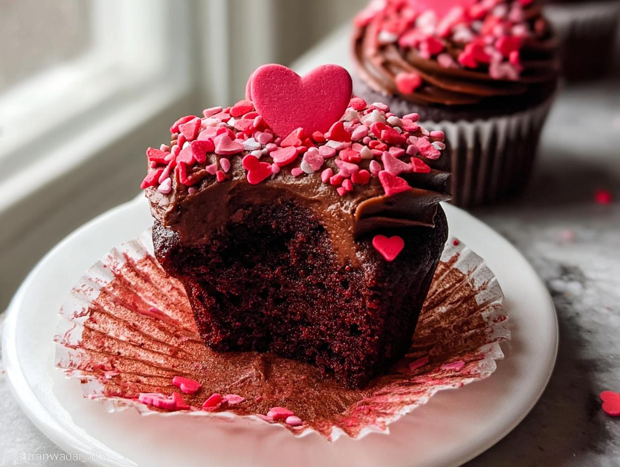 Close-up of a Chocolate Valentine Cupcakes with Heart Sprinkles cut in half, showing rich dark cake and chocolate frosting.