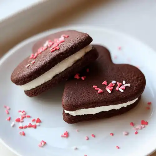 Two heart-shaped Chocolate Valentine Sandwich Cookies filled with white cream and topped with pink sprinkles on a white plate.