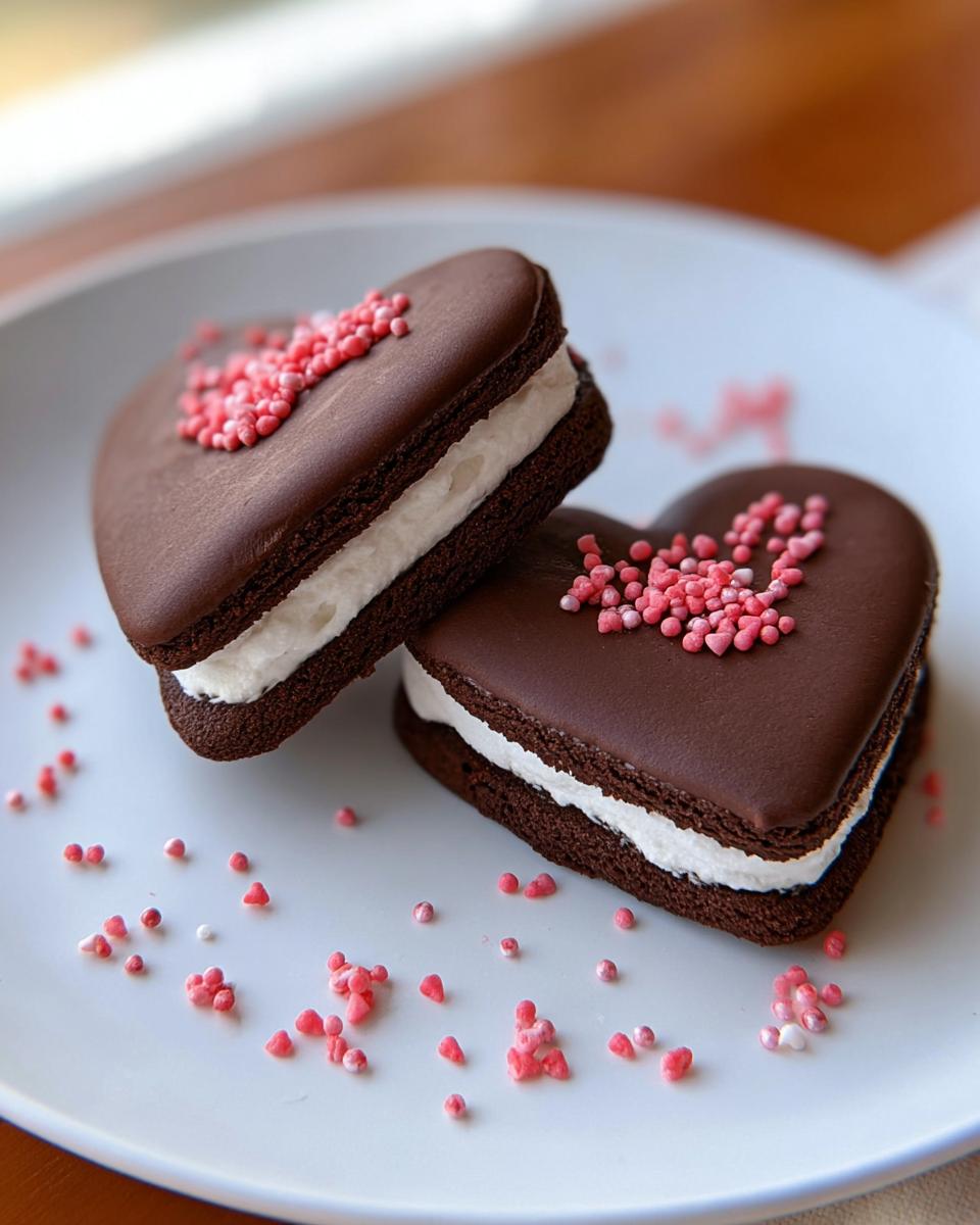 Two heart-shaped Chocolate Valentine Sandwich Cookies with white filling and pink sprinkles on a white plate.