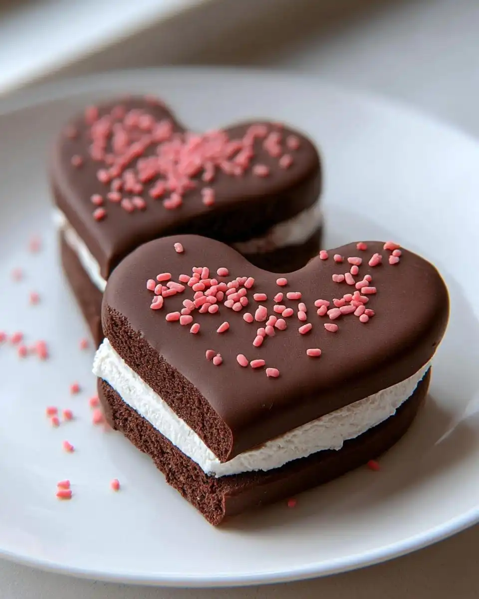 Two heart-shaped Chocolate Valentine Sandwich Cookies with white filling and pink sprinkles on a white plate.