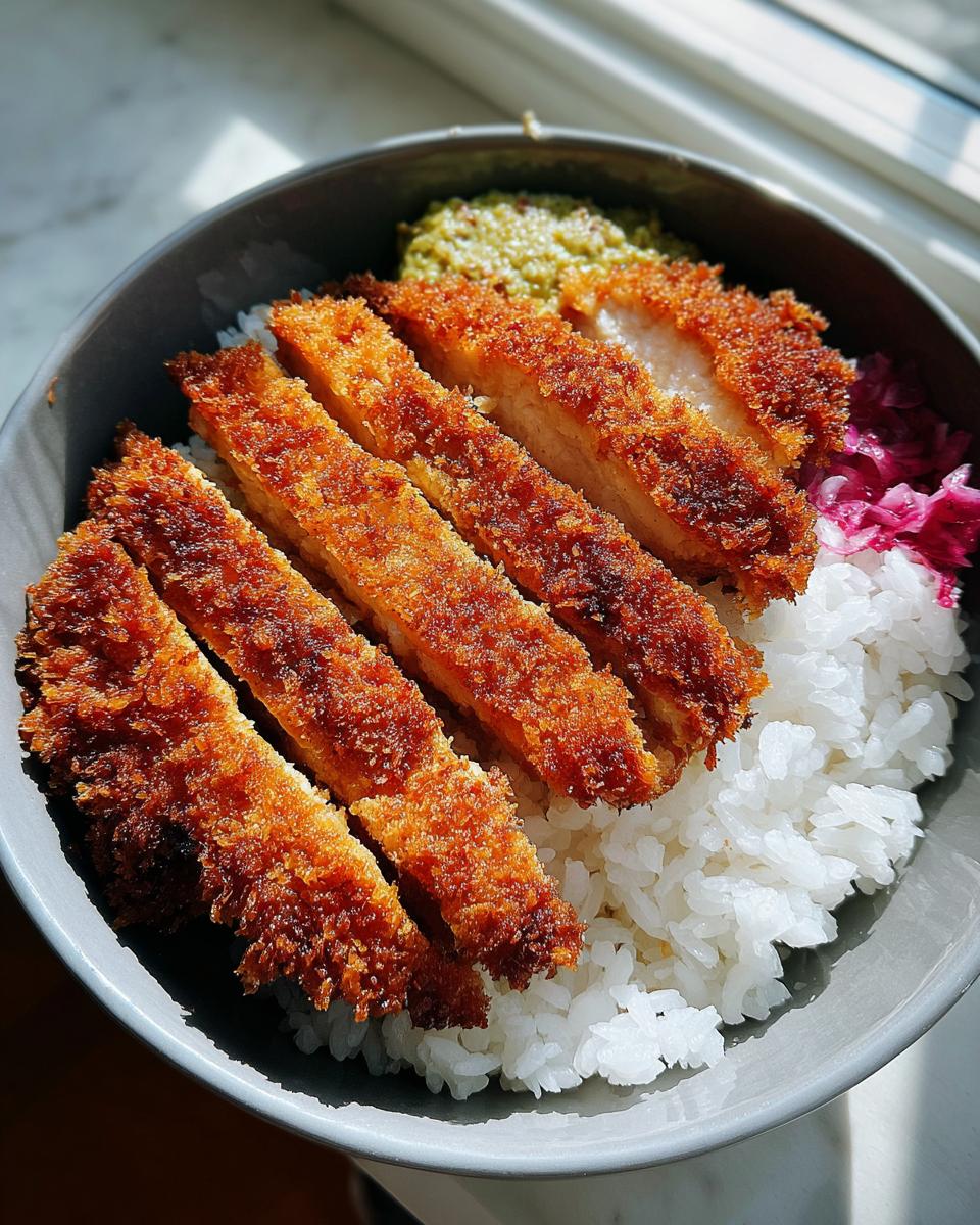 Close-up of sliced, crispy fried chicken katsu served over white rice in a bowl, part of a Classic Chicken Katsu Rice Bowl.