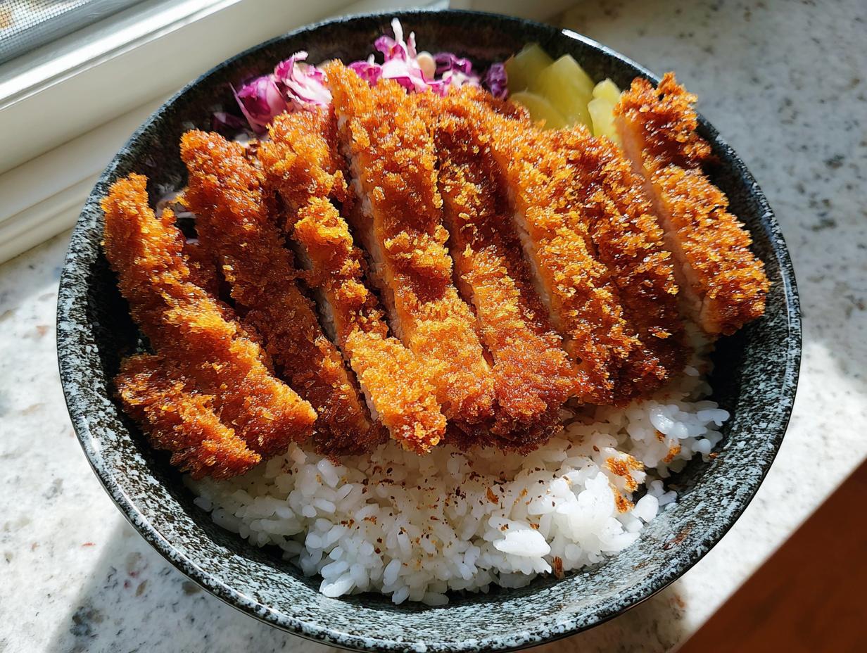 A close-up overhead view of a Classic Chicken Katsu Rice Bowl featuring crispy, sliced fried chicken over white rice.