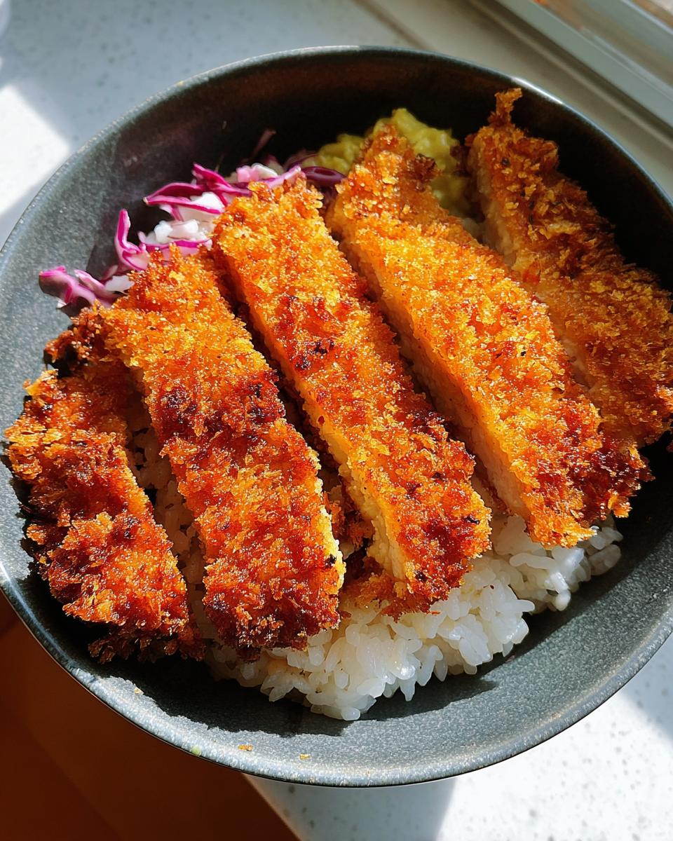 Slices of crispy, golden Classic Chicken Katsu served over white rice in a dark bowl.