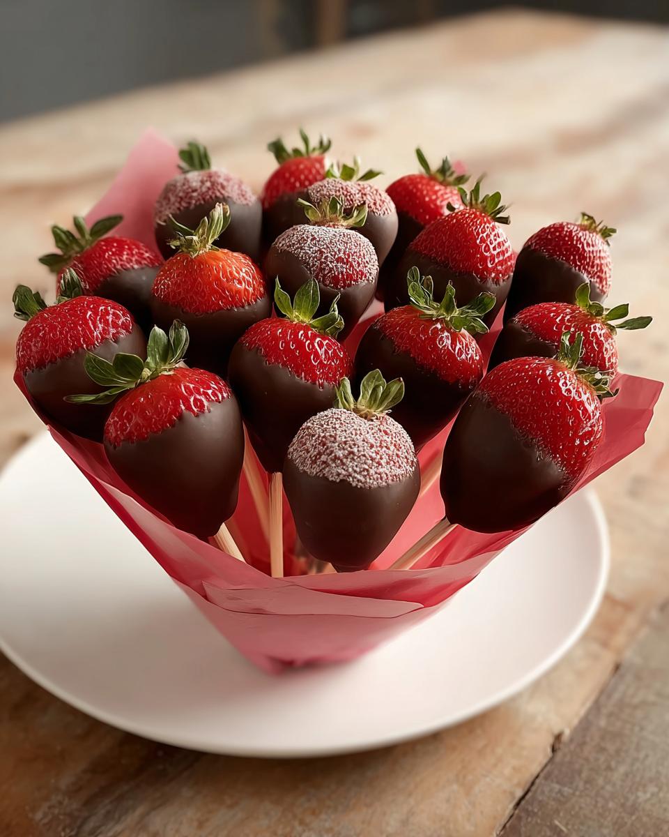 A beautiful arrangement of fresh strawberries dipped in dark chocolate, forming a Classic Chocolate Covered Strawberry Bouquet.