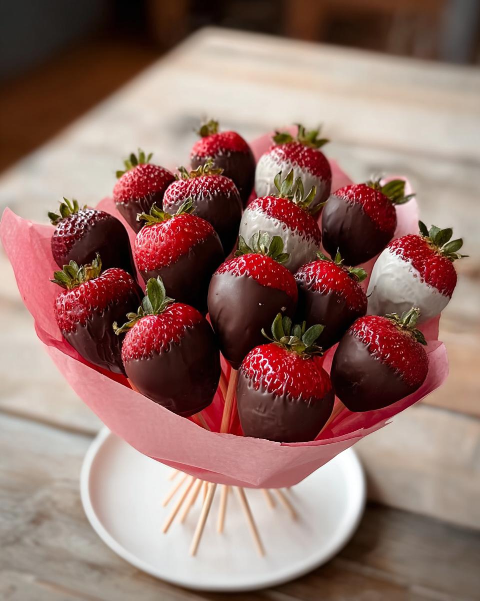 A bouquet of fresh strawberries dipped in dark chocolate and white chocolate, arranged on sticks.