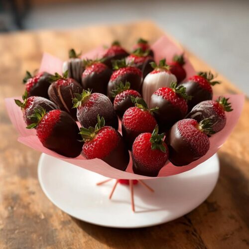 A beautiful bouquet of fresh strawberries dipped in dark and white chocolate, ready to present as a Classic Chocolate Covered Strawberry Bouquet.