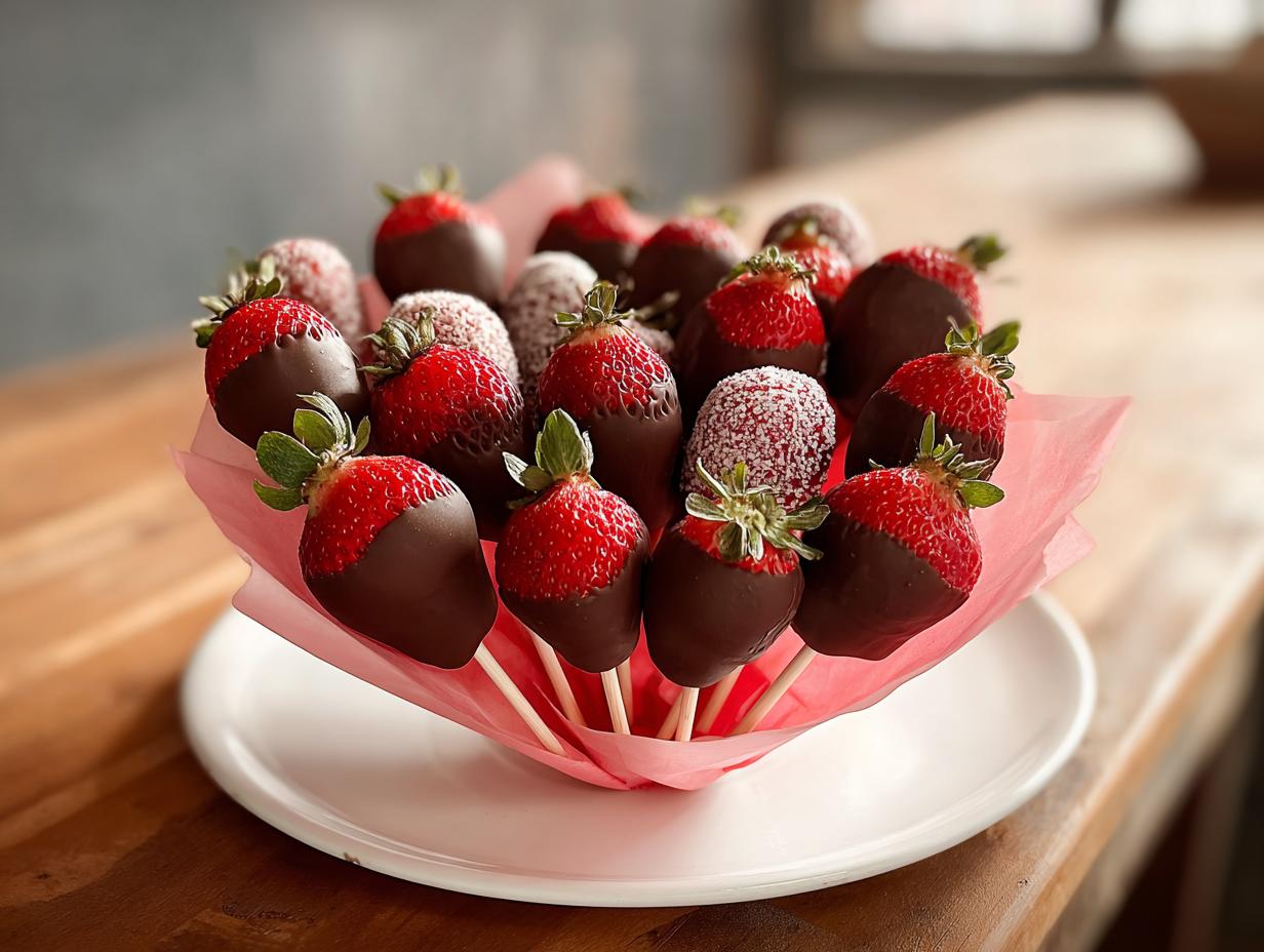 A beautiful Classic Chocolate Covered Strawberry Bouquet arranged in pink paper on a white plate.