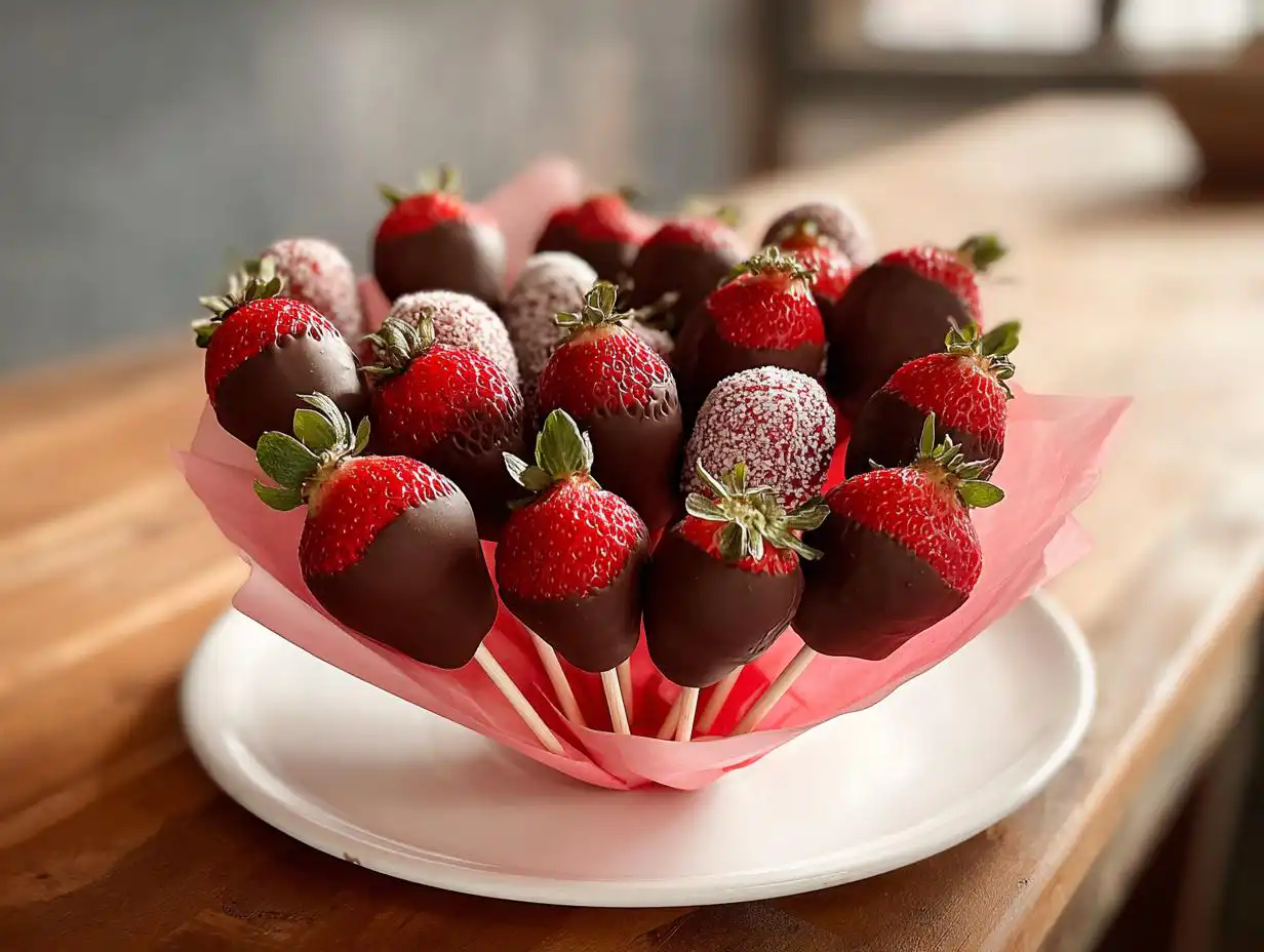 A beautiful Classic Chocolate Covered Strawberry Bouquet arranged in pink paper on a white plate.