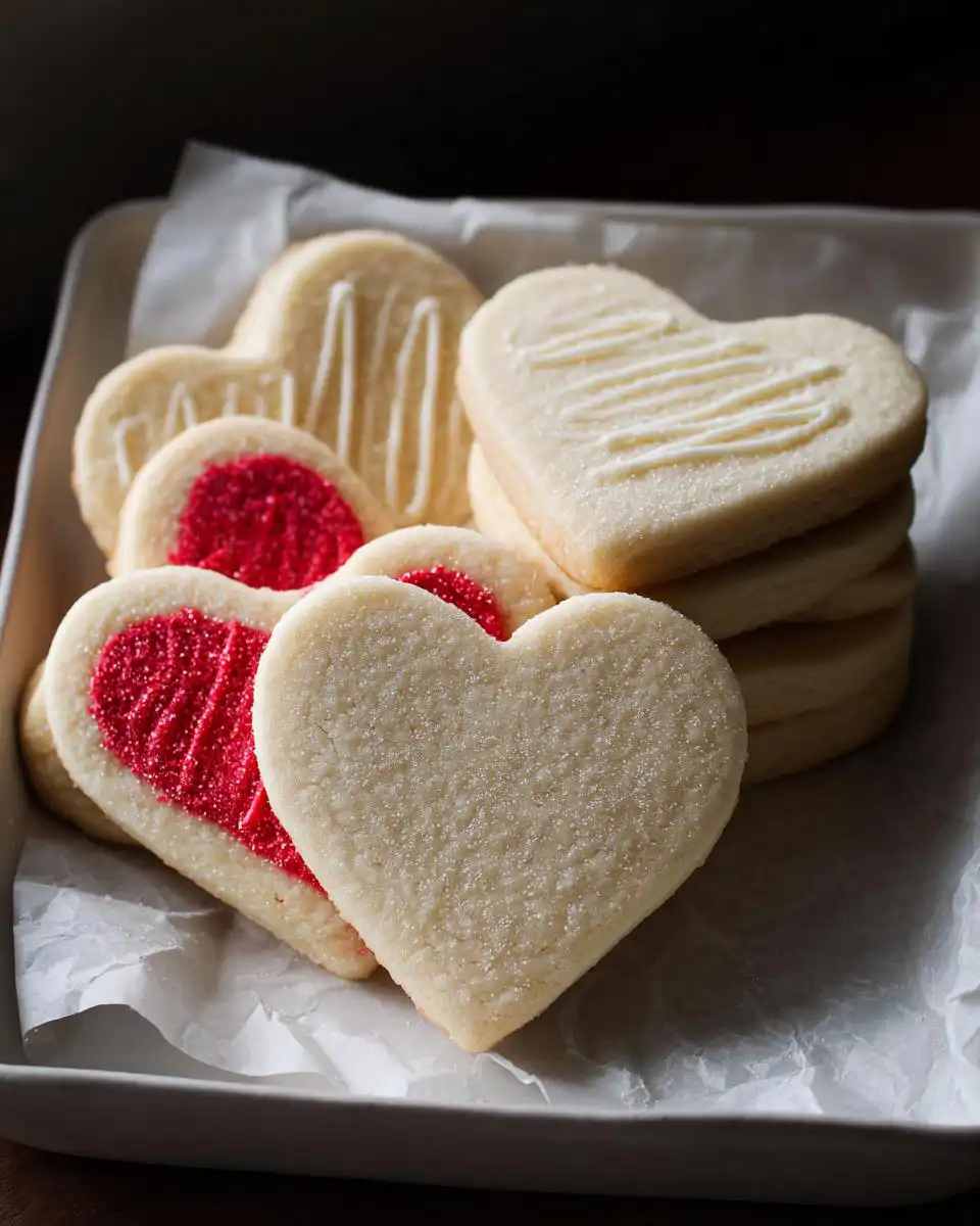 A close-up of several Classic Heart-Shaped Sugar Cookies, some plain with sugar, some with red centers, and some drizzled with white icing.