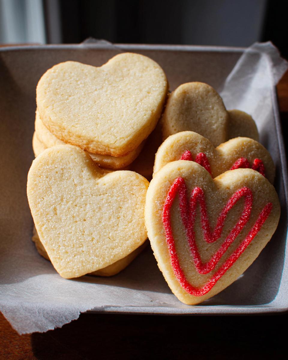 A close-up of several Classic Heart-Shaped Sugar Cookies, some plain and one decorated with red piped icing.