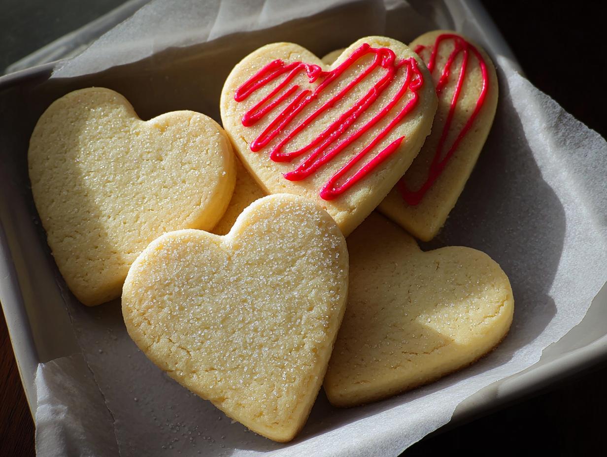 A close-up of several Classic Heart-Shaped Sugar Cookies, some sprinkled with sugar and others decorated with bright pink icing.
