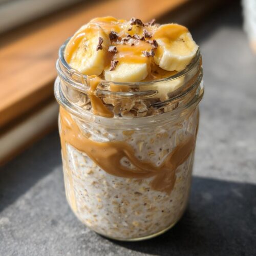 Close-up of Classic Peanut Butter Banana Overnight Oats topped with sliced bananas and peanut butter drizzle.