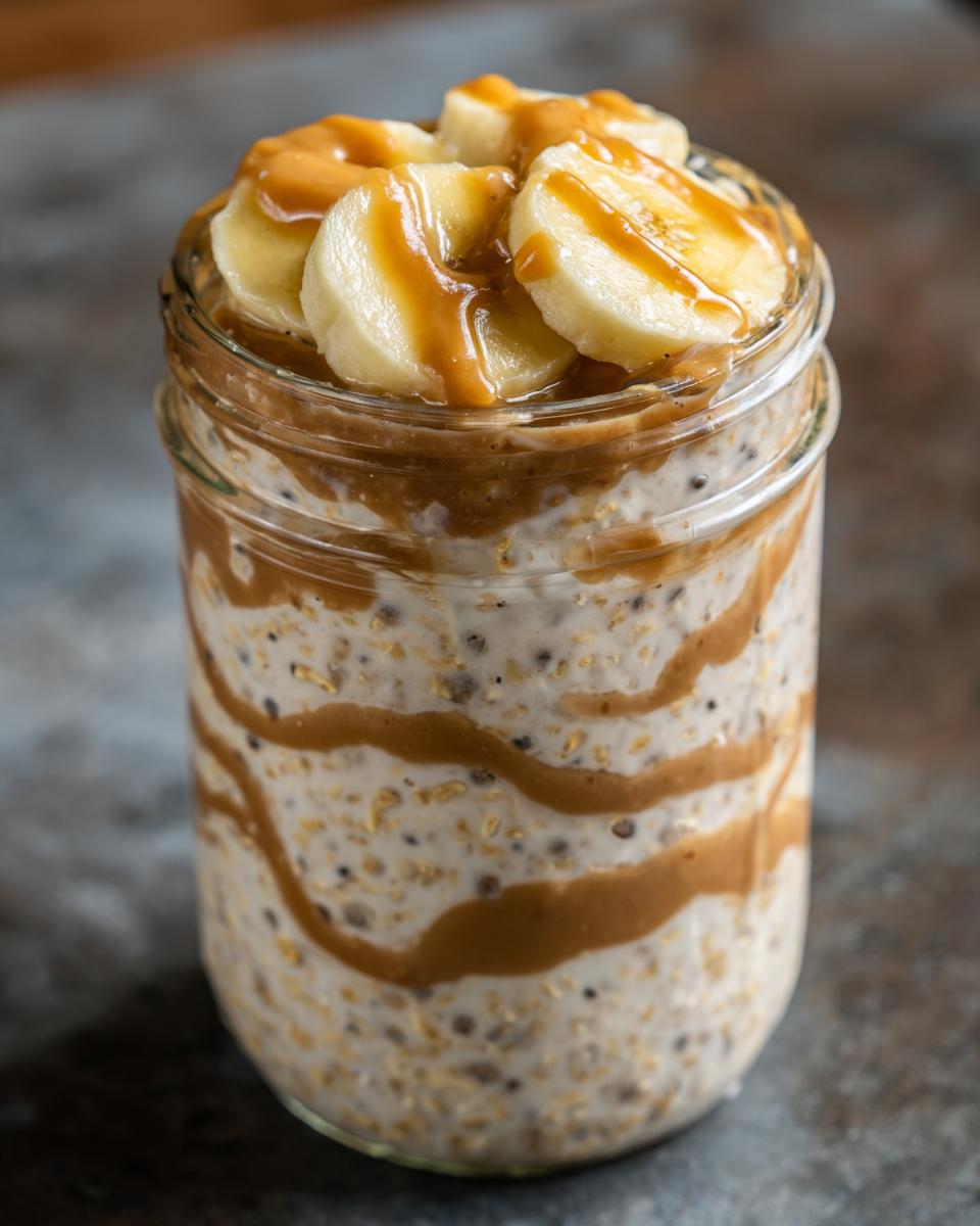 Close-up of Classic Peanut Butter Banana Overnight Oats layered with peanut butter swirls and topped with banana slices.