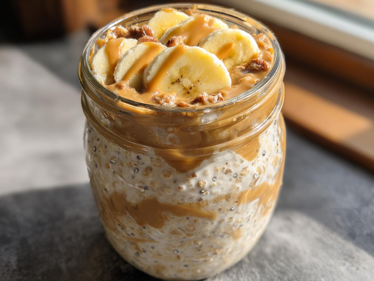 Close-up of Classic Peanut Butter Banana Overnight Oats topped with sliced bananas and peanut butter drizzle.