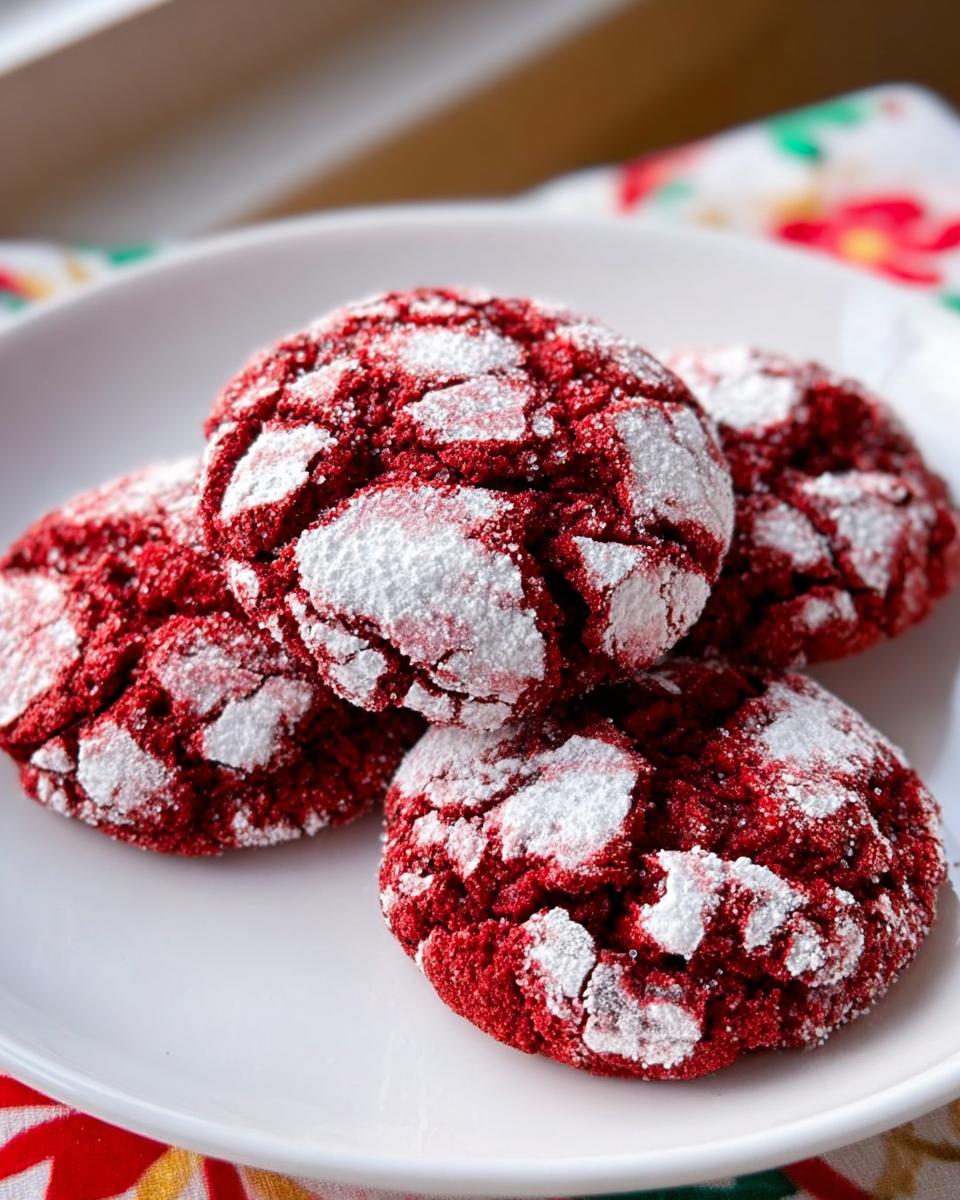 A close-up of four vibrant red Classic Red Velvet Crinkle Cookies heavily dusted with white powdered sugar on a white plate.
