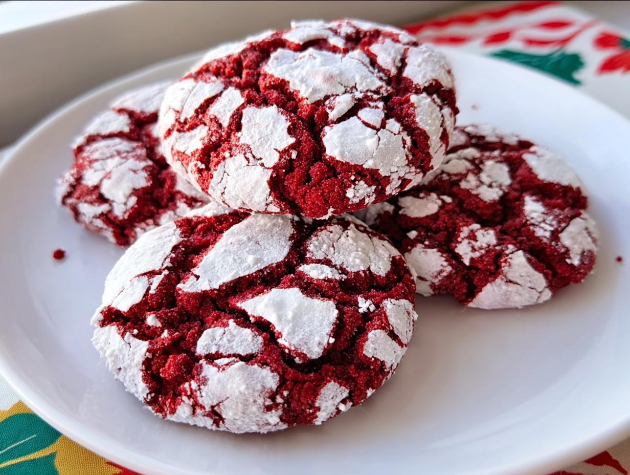 Four vibrant red velvet crinkle cookies heavily dusted with powdered sugar, resting on a white plate.