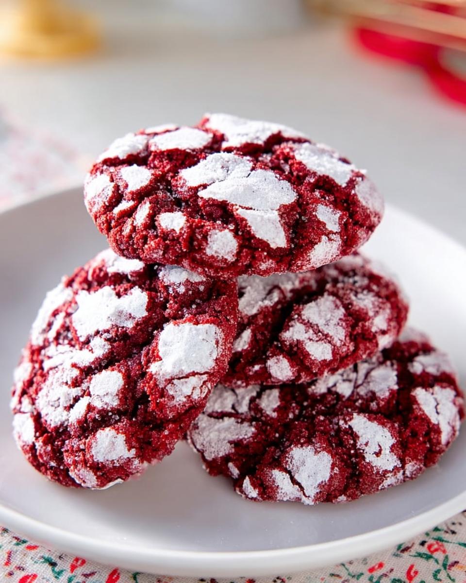 A stack of four vibrant red velvet crinkle cookies dusted heavily with powdered sugar on a white plate.