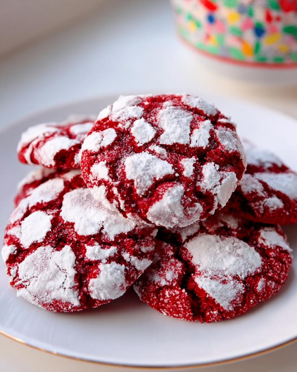 A stack of vibrant red Classic Red Velvet Crinkle Cookies heavily dusted with powdered sugar.