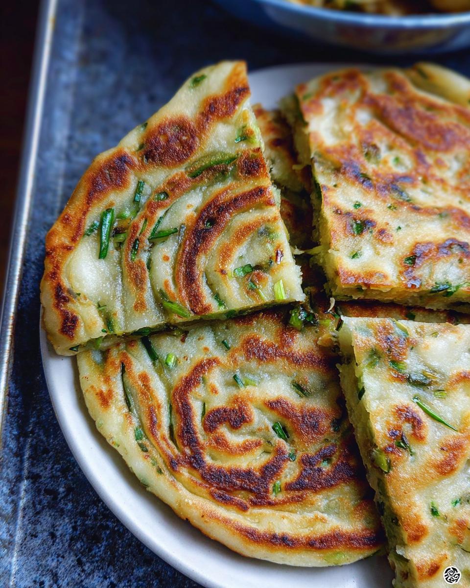 Close-up of flaky Classic Scallion Pancakes, pan-fried golden brown and cut into wedges on a white plate.