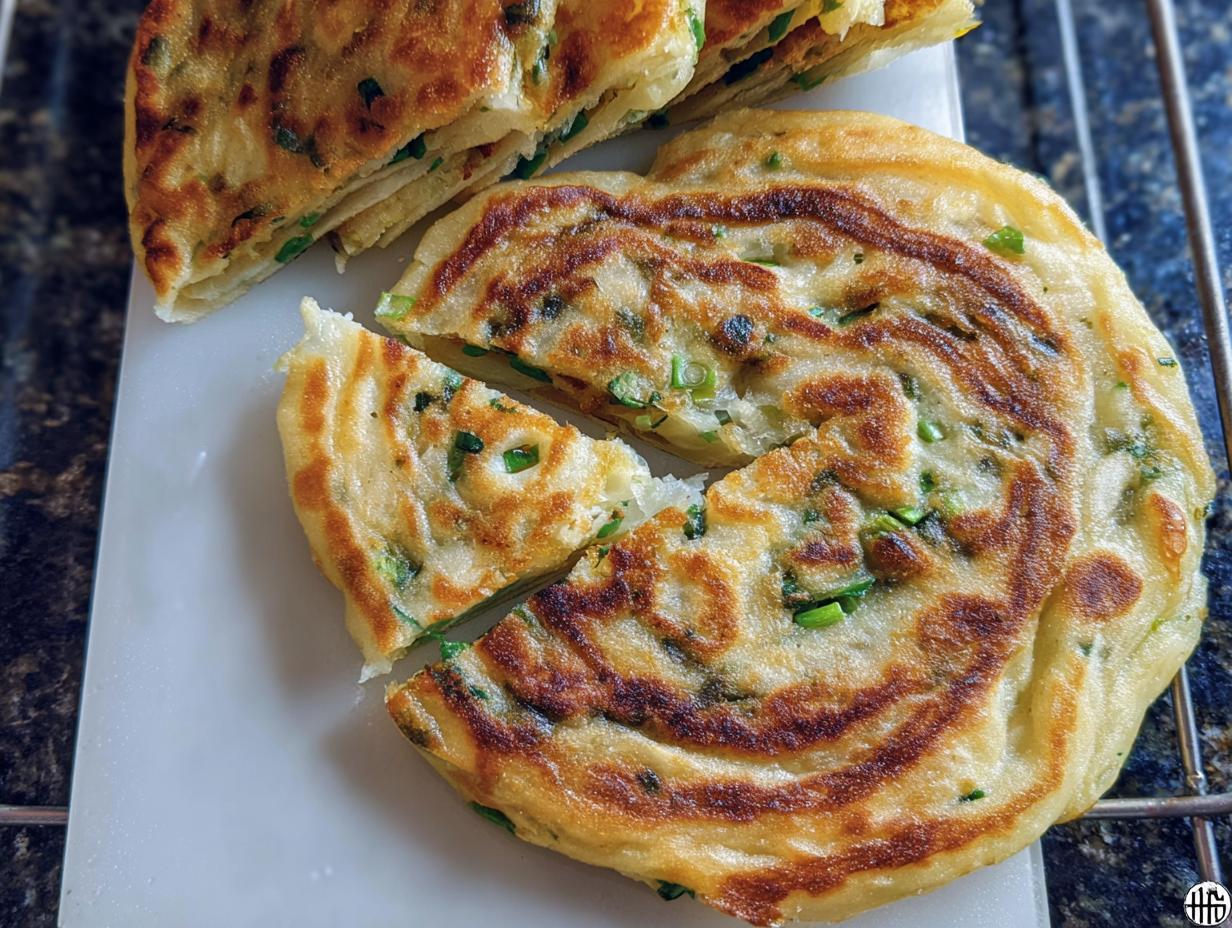 Close-up of freshly pan-fried Classic Scallion Pancakes, sliced into wedges, showing flaky layers and green scallions.