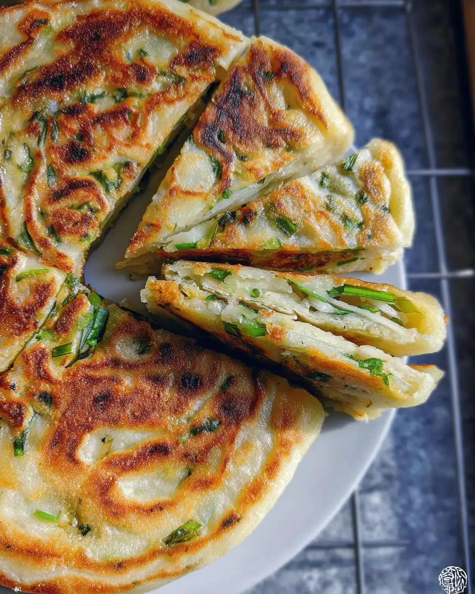 Close-up of golden brown, pan-fried Classic Scallion Pancakes cut into wedges, showing flaky layers inside.