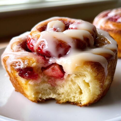 Close-up of a Classic Strawberry Cheesecake Cinnamon Roll with a bite taken out, showing soft dough and strawberry filling.