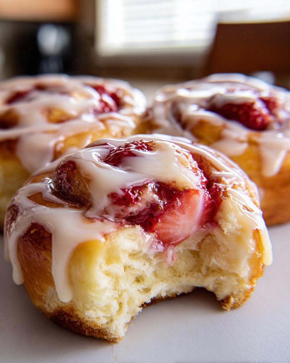 Close-up of a Classic Strawberry Cheesecake Cinnamon Roll with a bite taken out, showing soft dough and strawberry filling.