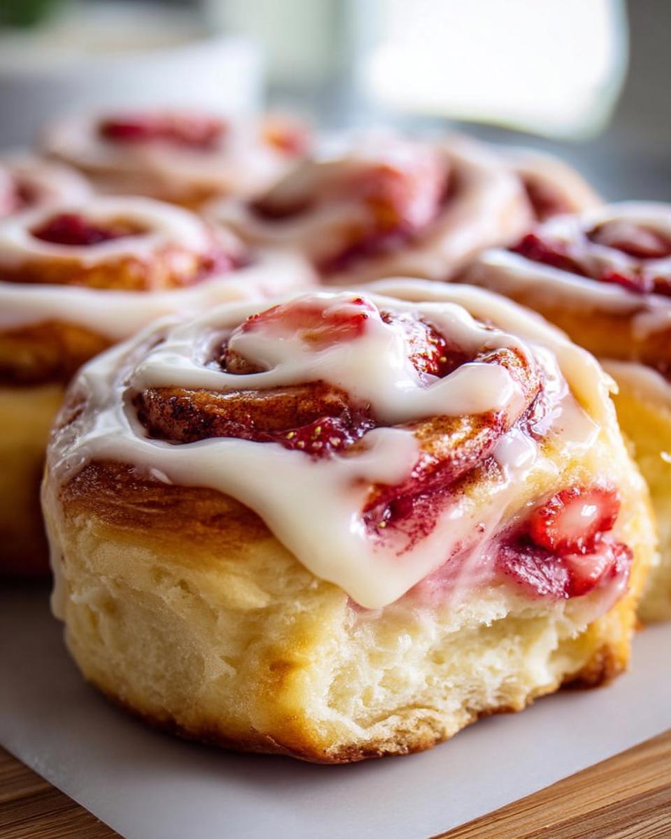 Close-up of a fluffy, glazed Classic Strawberry Cheesecake Cinnamon Roll topped with white icing and visible strawberry pieces.