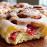 A bite taken out of a Classic Strawberry Cheesecake Cinnamon Roll, showing gooey strawberry filling and thick white icing.