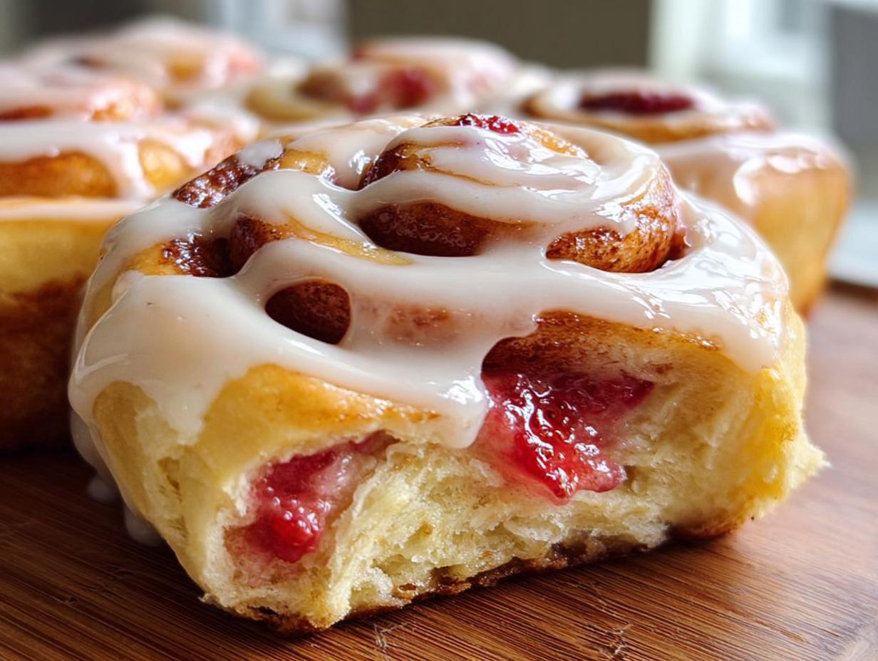 A bite taken out of a Classic Strawberry Cheesecake Cinnamon Roll, showing gooey strawberry filling and thick white icing.