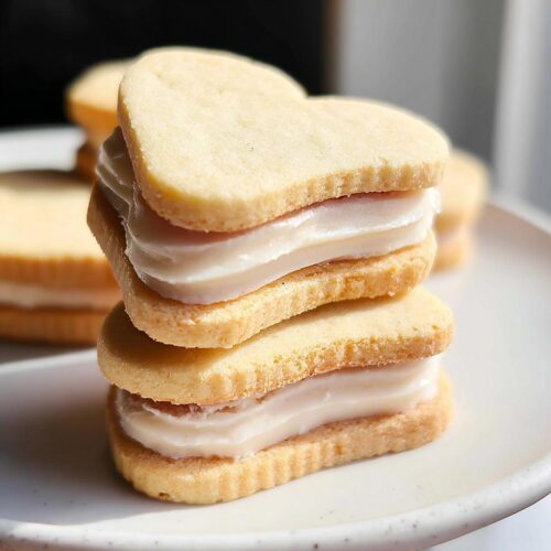 Close-up of two Classic Valentine Sandwich Cookies stacked, showing thick vanilla cream filling between heart-shaped shortbread.