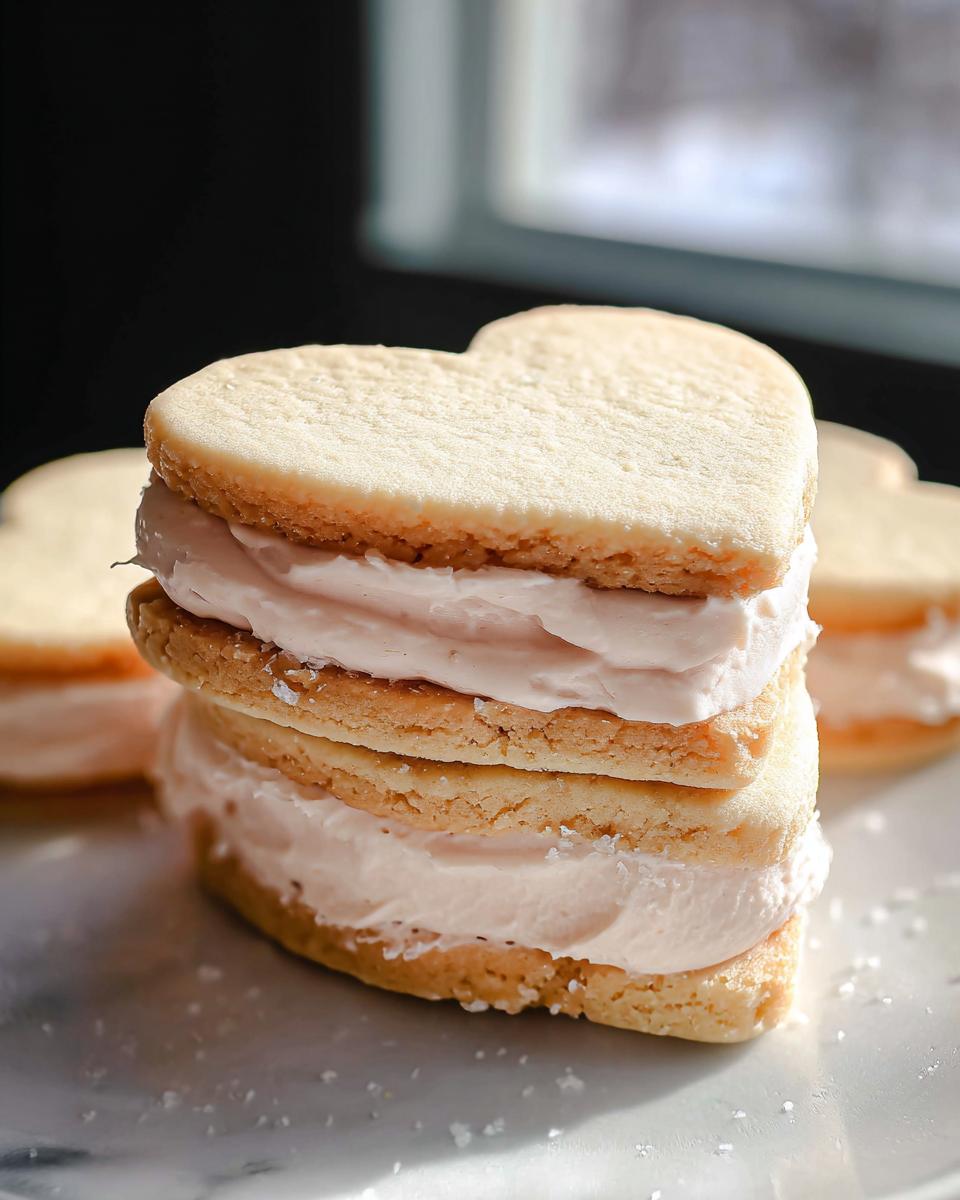 A stack of two Classic Valentine Sandwich Cookies filled with pink vanilla cream frosting.