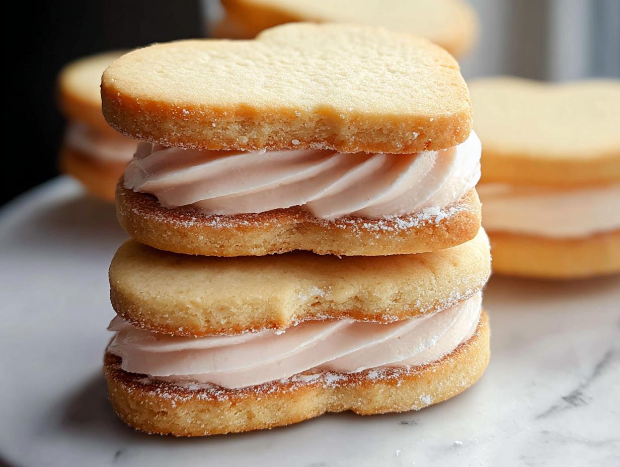A stack of two heart-shaped Classic Valentine Sandwich Cookies filled with pink vanilla cream.