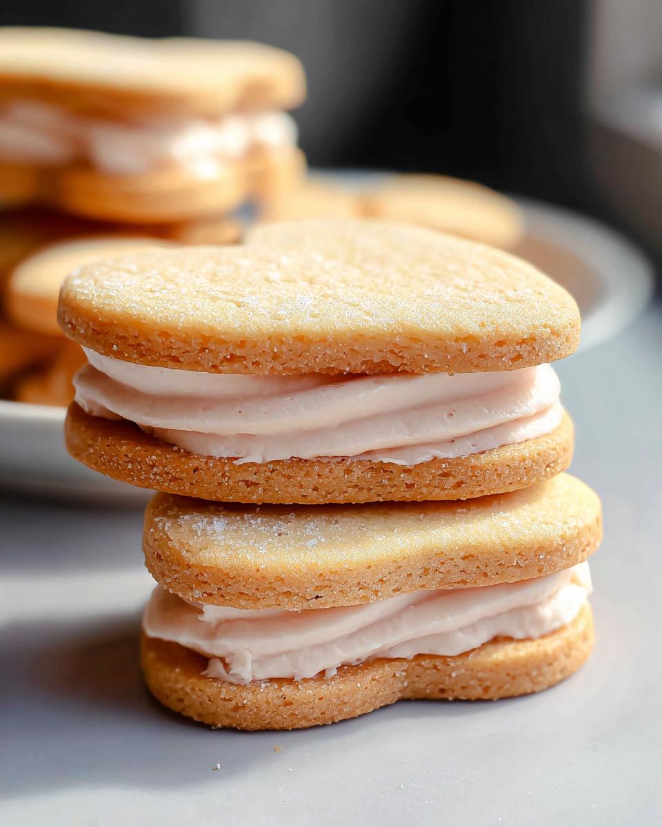 Two stacked heart-shaped Classic Valentine Sandwich Cookies filled with thick vanilla cream frosting.