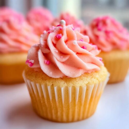 Close-up of a Classic Vanilla Valentine Cupcake topped with swirled pink frosting and sprinkles.