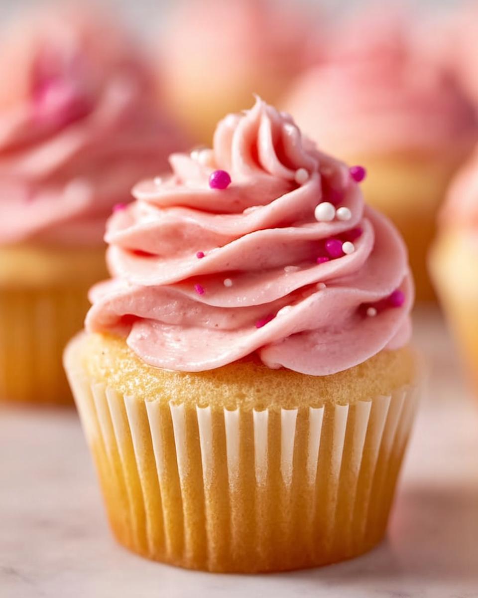 A close-up of one of the Classic Vanilla Valentine Cupcakes topped with swirled pink frosting and sprinkles.
