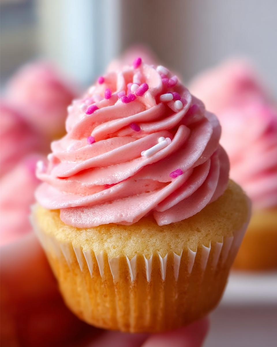 A close-up of a Classic Vanilla Valentine Cupcake topped with vibrant pink frosting and sprinkles.