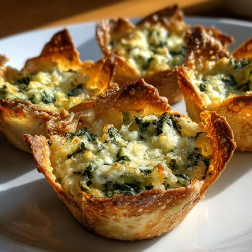 Close-up of baked Cream Cheese Spinach Wonton Cups with crispy edges and creamy filling.
